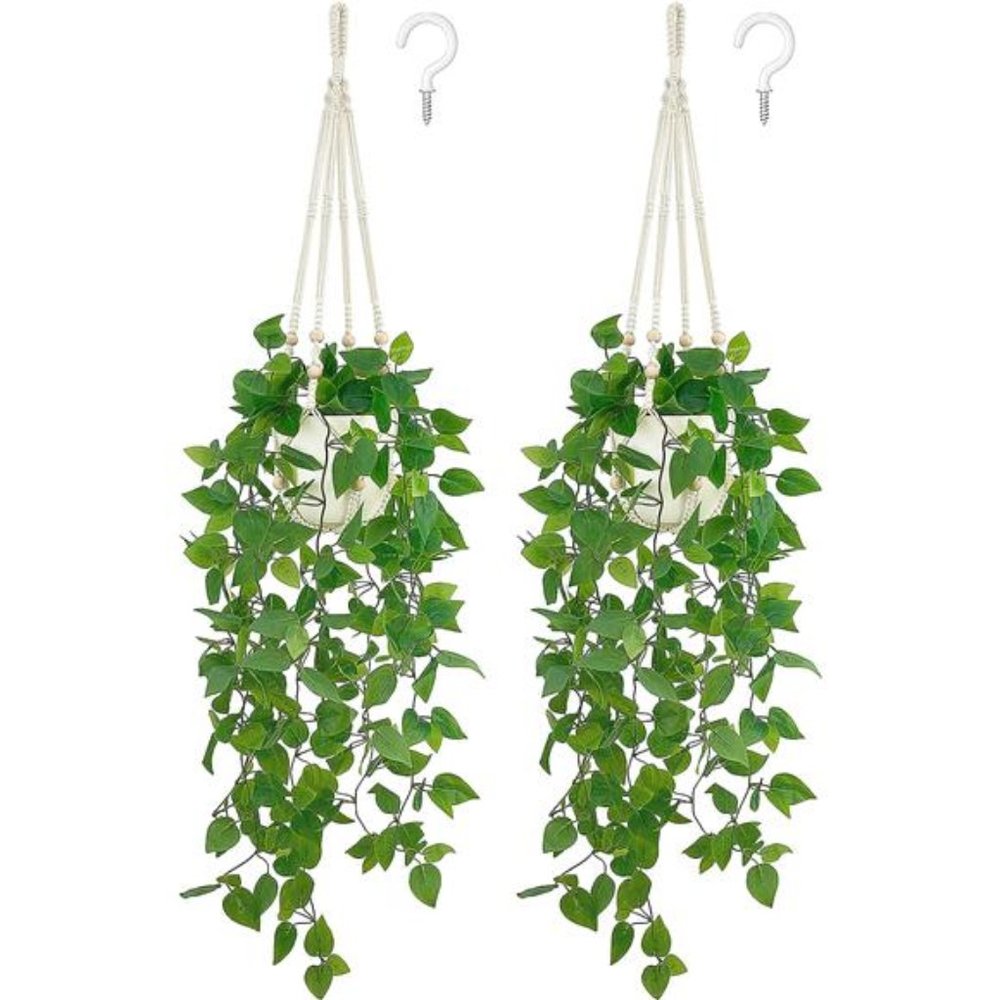 2Pack Fake Hanging Plant w/ Pot Artificial Plants for Home Decor Indoor Macrame